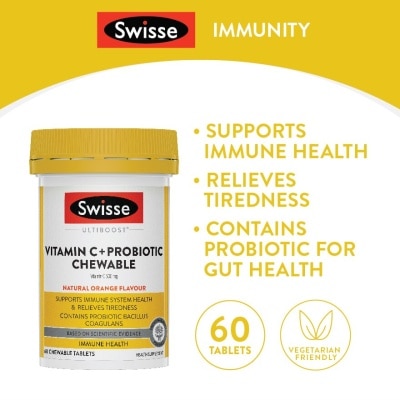 SWISSE Vitamin C + Probiotic Chewable (Premium Quality, Great Tasting Formula Proving 1000mg Of Vitamin C And 1 Billion Cfu Of Bacillus Coagulans) 60s