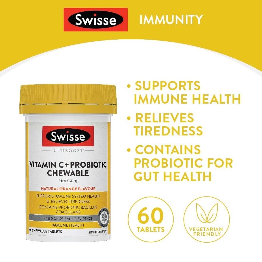 Vitamin C + Probiotic Chewable (Premium Quality, Great Tasting Formula Proving 1000mg Of Vitamin C And 1 Billion Cfu Of Bacillus Coagulans) 60s