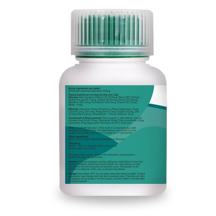 Spirulina + Fibre Inulin (Combines The Superfood Properties Of Spirulina With The Cleansing Nature Of Fibre) Tablets, 180s