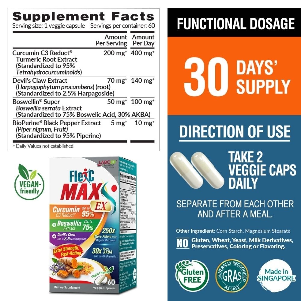 FlexC MAX EX Veggie capsule (Turmeric Curcumin C3 & Boswellia Extract with Anti-Inflammatory for Joint & Body Discomfort) 60s