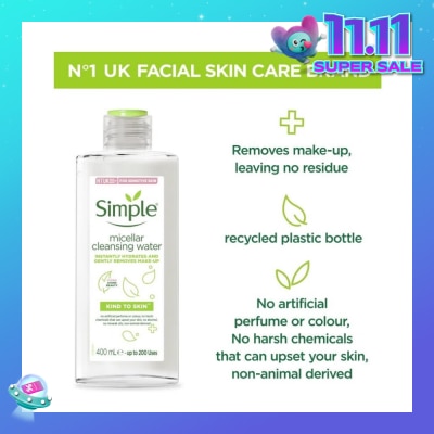 SIMPLE Micellar Cleansing Water (Instantly Hydrates + Gently Removes Make-Up) 400ml (Expiry: Aug`2026)