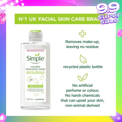 SIMPLE Micellar Cleansing Water (Instantly Hydrates + Gently Removes Make-Up) 400ml