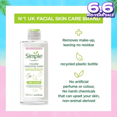 SIMPLE Micellar Cleansing Water (Instantly Hydrates + Gently Removes Make-Up) 400ml
