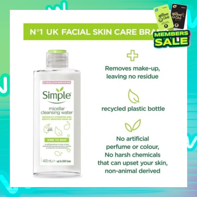 SIMPLE Micellar Cleansing Water (Instantly Hydrates + Gently Removes Make-Up) 400ml