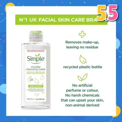 SIMPLE Micellar Cleansing Water (Instantly Hydrates + Gently Removes Make-Up) 400ml