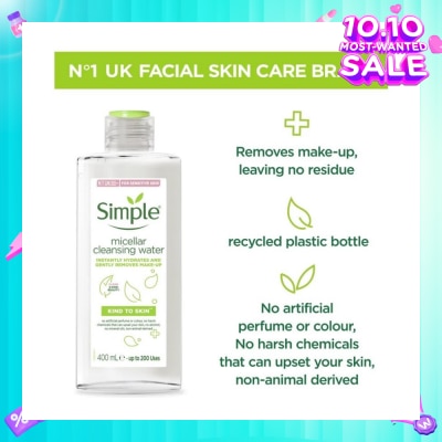 SIMPLE Micellar Cleansing Water (Instantly Hydrates + Gently Removes Make-Up) 400ml (Expiry: Aug`2026)