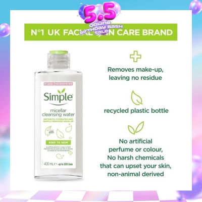 SIMPLE - Micellar Cleansing Water (Instantly Hydrates + Gently Removes Make-Up) 400ml (Expiry: Aug`2026)