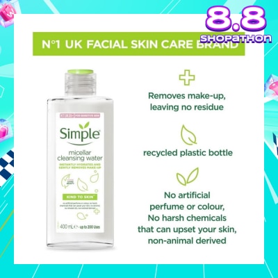 SIMPLE Micellar Cleansing Water (Instantly Hydrates + Gently Removes Make-Up) 400ml