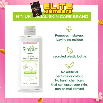 SIMPLE Micellar Cleansing Water (Instantly Hydrates + Gently Removes Make-Up) 400ml (Expiry: Aug`2026)