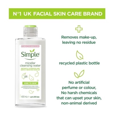 SIMPLE Micellar Cleansing Water (Instantly Hydrates + Gently Removes Make-Up) 400ml