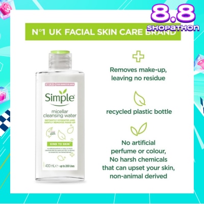SIMPLE Micellar Cleansing Water (Instantly Hydrates + Gently Removes Make-Up) 400ml