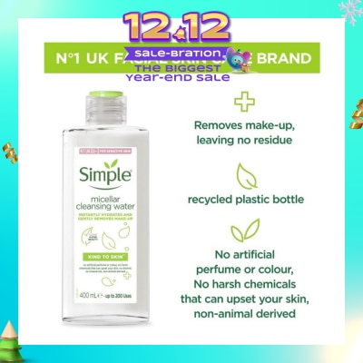 SIMPLE Micellar Cleansing Water (Instantly Hydrates + Gently Removes Make-Up) 400ml (Expiry: Aug`2026)