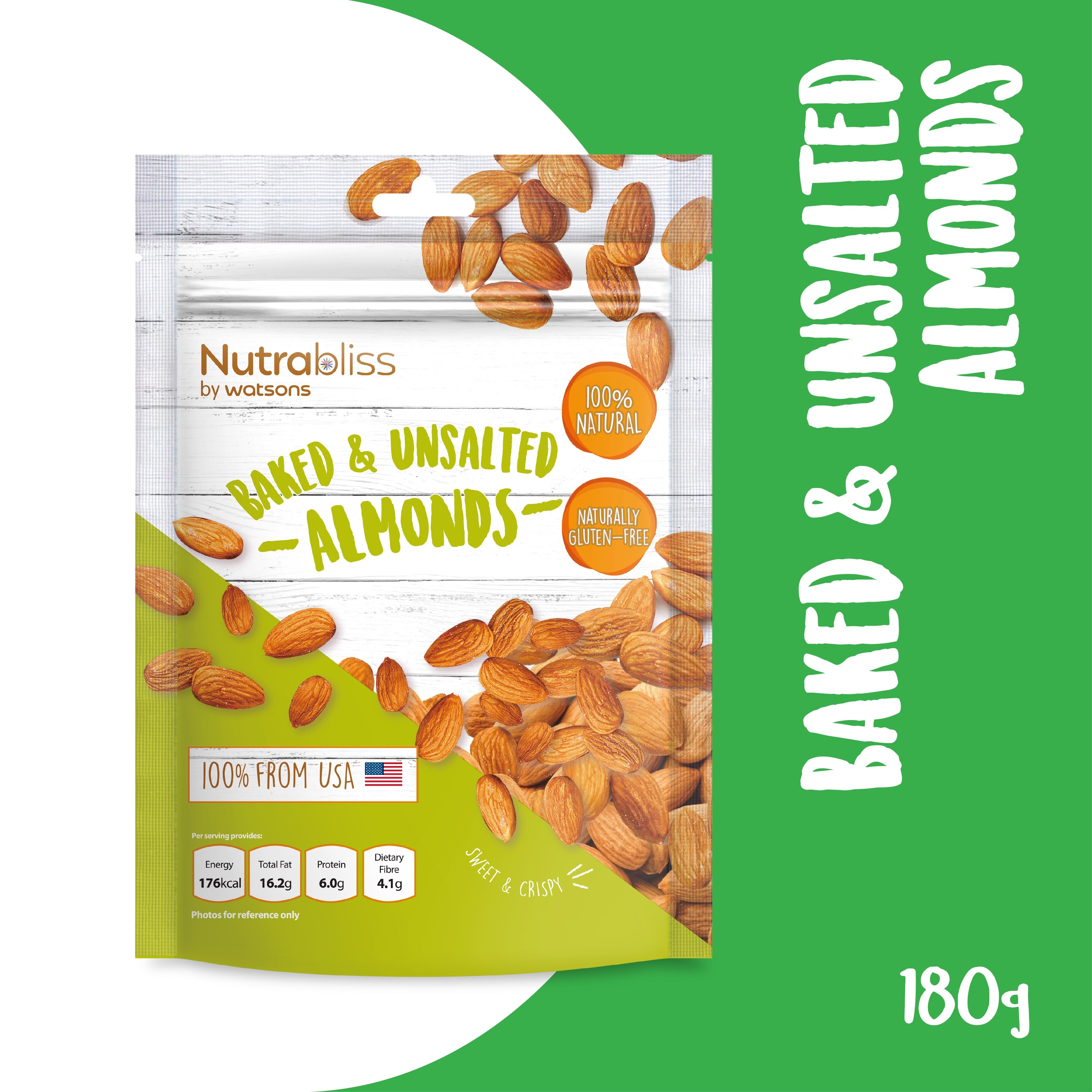 Baked And Unsalted Almonds (100% Natural, Naturally Gluten Free) 180g