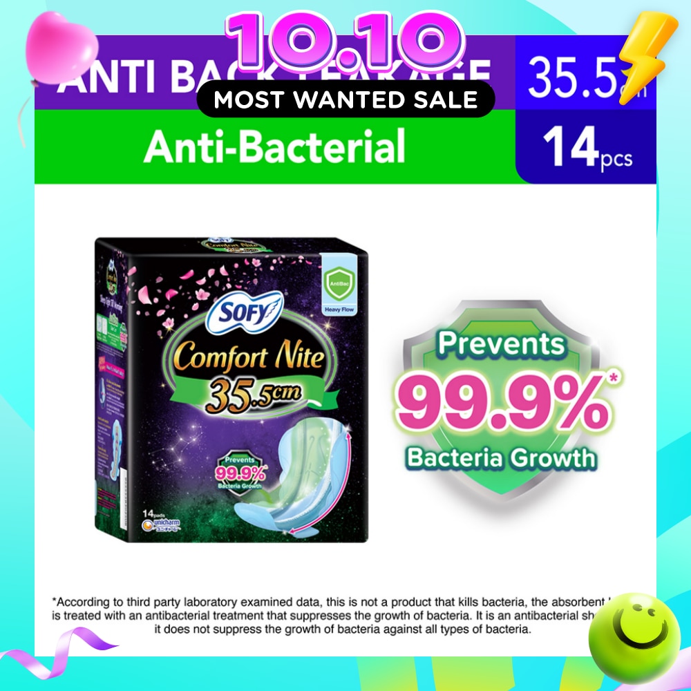 Comfort Nite Anti Bacterial Odor Care Motion Fit Anti Back Leakage Sanitary Pad Night Wing 35.5cm (For Heavy Flow) 14s image