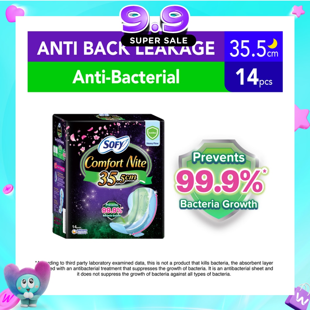 Comfort Nite Anti Bacterial Odor Care Motion Fit Anti-Back Leakage Sanitary Pad Night Wing 35.5cm (For Heavy Flow) 14s image