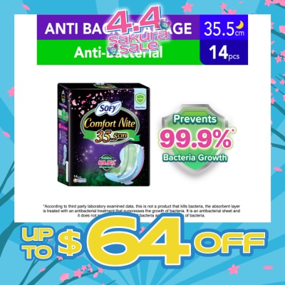 SOFY - Comfort Nite Anti Bacterial Odor Care Motion Fit Anti-Back Leakage Sanitary Pad Night Wing 35.5cm  (For Heavy Flow) 14s