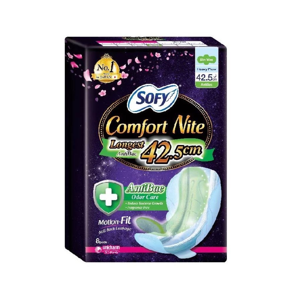 Comfort Nite Longest Anti-Bacterial Odor Care  Motion Fit Anti-Back Leakage Sanitary Pad Night Wing 42.5cm (For Heavy Flow) 8s