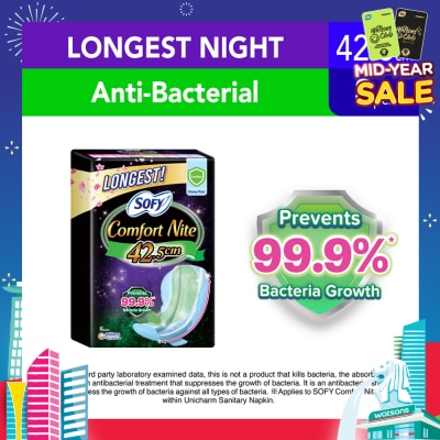 SOFY Comfort Nite Longest Anti-Bacterial Odor Care  Motion Fit Anti-Back Leakage Sanitary Pad Night Wing 42.5cm (For Heavy Flow) 8s