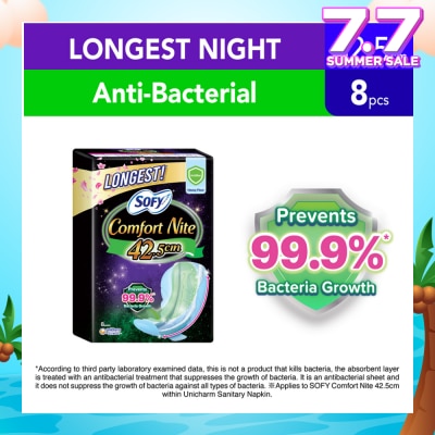 SOFY Comfort Nite Longest Anti-Bacterial Odor Care  Motion Fit Anti-Back Leakage Sanitary Pad Night Wing 42.5cm (For Heavy Flow) 8s