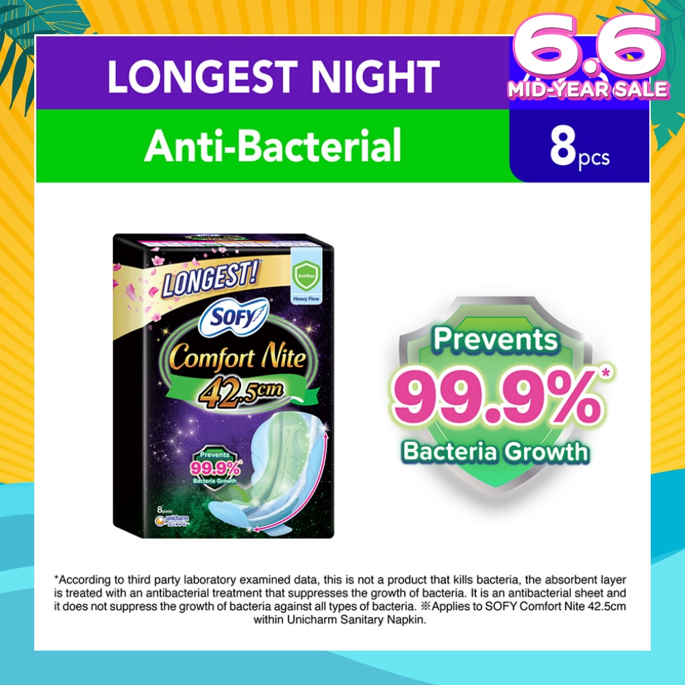 Comfort Nite Longest Anti-Bacterial Odor Care  Motion Fit Anti-Back Leakage Sanitary Pad Night Wing 42.5cm (For Heavy Flow) 8s