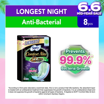 SOFY Comfort Nite Longest Anti-Bacterial Odor Care  Motion Fit Anti-Back Leakage Sanitary Pad Night Wing 42.5cm (For Heavy Flow) 8s