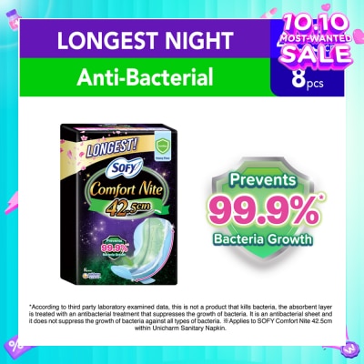 SOFY Comfort Nite Longest Anti-Bacterial Odor Care  Motion Fit Anti-Back Leakage Sanitary Pad Night Wing 42.5cm (For Heavy Flow) 8s