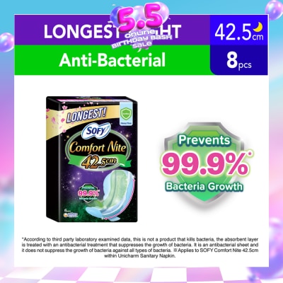 SOFY - Comfort Nite Longest Anti-Bacterial Odor Care  Motion Fit Anti-Back Leakage Sanitary Pad Night Wing 42.5cm (For Heavy Flow) 8s
