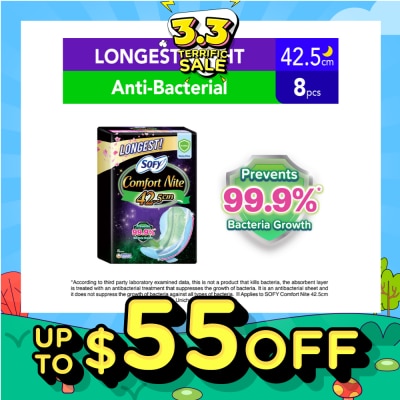 SOFY Comfort Nite Longest Anti-Bacterial Odor Care Motion Fit Anti-Back Leakage Sanitary Pad Night Wing 42.5cm (For Heavy Flow) 8s