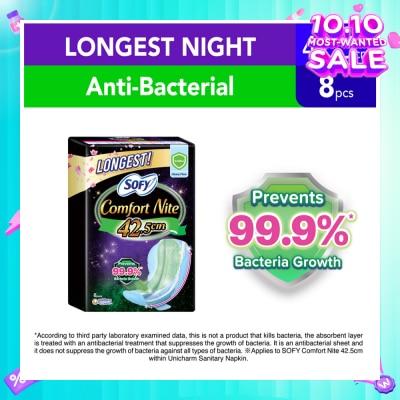 SOFY Comfort Nite Longest Anti-Bacterial Odor Care  Motion Fit Anti-Back Leakage Sanitary Pad Night Wing 42.5cm (For Heavy Flow) 8s