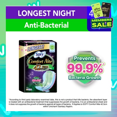 SOFY Comfort Nite Longest Anti-Bacterial Odor Care  Motion Fit Anti-Back Leakage Sanitary Pad Night Wing 42.5cm (For Heavy Flow) 8s