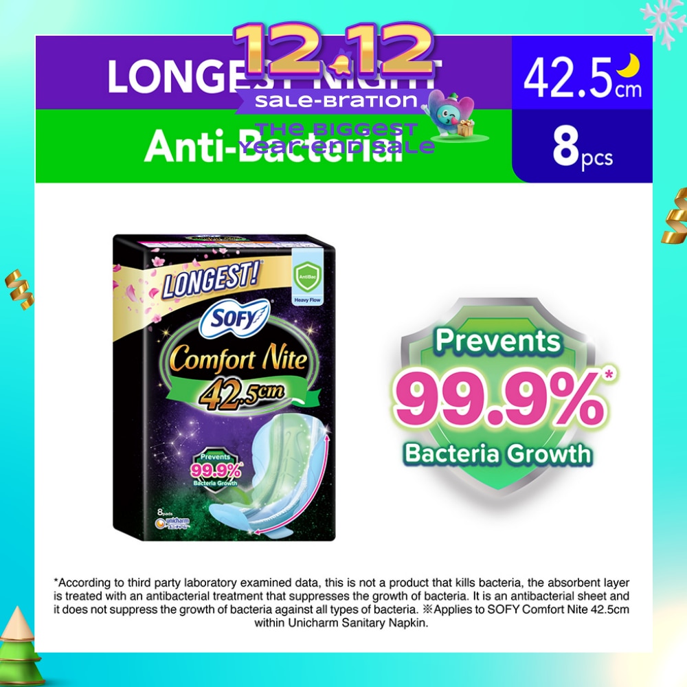 Comfort Nite Longest Anti-Bacterial Odor Care Motion Fit Anti-Back Leakage Sanitary Pad Night Wing 42.5cm (For Heavy Flow) 8s