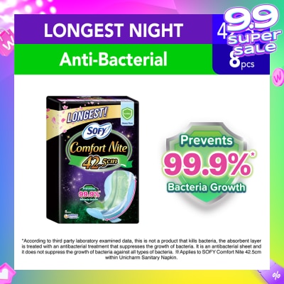SOFY Comfort Nite Longest Anti-Bacterial Odor Care  Motion Fit Anti-Back Leakage Sanitary Pad Night Wing 42.5cm (For Heavy Flow) 8s