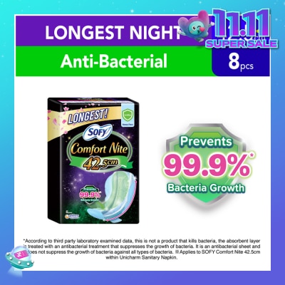 SOFY Comfort Nite Longest Anti-Bacterial Odor Care Motion Fit Anti-Back Leakage Sanitary Pad Night Wing 42.5cm (For Heavy Flow) 8s