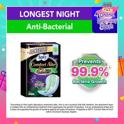 SOFY Comfort Nite Longest Anti-Bacterial Odor Care  Motion Fit Anti-Back Leakage Sanitary Pad Night Wing 42.5cm (For Heavy Flow) 8s