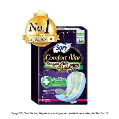 SOFY Comfort Nite Longest Anti-Bacterial Odor Care  Motion Fit Anti-Back Leakage Sanitary Pad Night Wing 42.5cm (For Heavy Flow) 8s