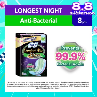 SOFY Comfort Nite Longest Anti-Bacterial Odor Care  Motion Fit Anti-Back Leakage Sanitary Pad Night Wing 42.5cm (For Heavy Flow) 8s