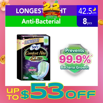 SOFY Comfort Nite Longest Anti-Bacterial Odor Care  Motion Fit Anti-Back Leakage Sanitary Pad Night Wing 42.5cm (For Heavy Flow) 8s