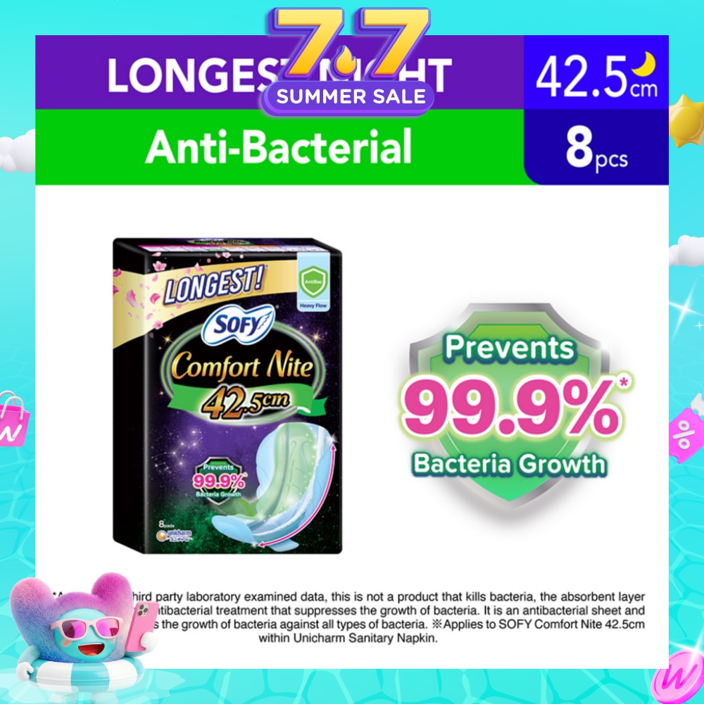 Comfort Nite Longest Anti-Bacterial Odor Care Motion Fit Anti-Back Leakage Sanitary Pad Night Wing 42.5cm (For Heavy Flow) 8s