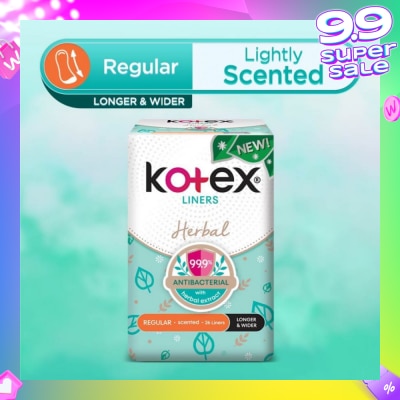 KOTEX Anti-Bacterial Herbal Longer & Wider PantyLiner Regular Lightly Scented 26s
