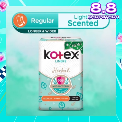 KOTEX Anti-Bacterial Herbal Longer & Wider PantyLiner Regular Lightly Scented 26s