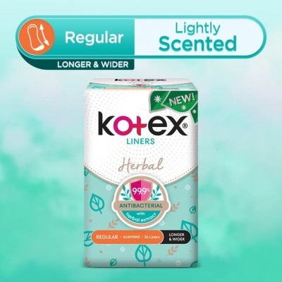 KOTEX Anti-Bacterial Herbal Longer & Wider PantyLiner Regular Lightly Scented 26s