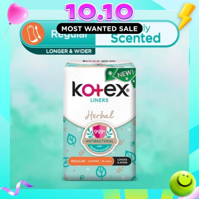 KOTEX Anti Bacterial Herbal Longer & Wider PantyLiner Regular Lightly Scented 26s image