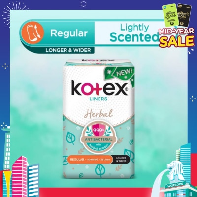 KOTEX Anti-Bacterial Herbal Longer & Wider PantyLiner Regular Lightly Scented 26s