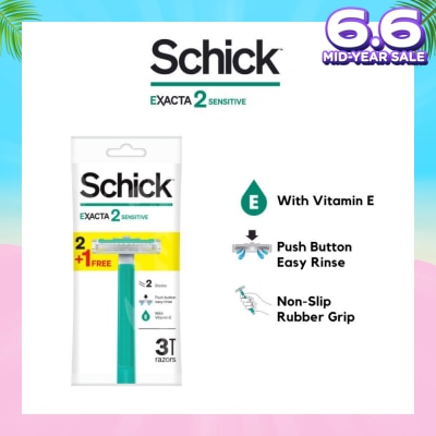 SCHICK Exacta 2 Sensitive Razor (Non-Slip Rubber Grip + with Push Button for Easy Rinse) 3s