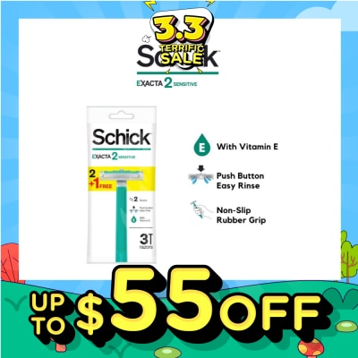 SCHICK Exacta 2 Sensitive Razor (Non-Slip Rubber Grip + with Push Button for Easy Rinse) 3s