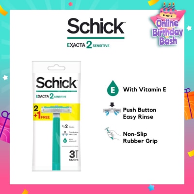 SCHICK Exacta 2 Sensitive Razor (Non-Slip Rubber Grip + with Push Button for Easy Rinse) 3s