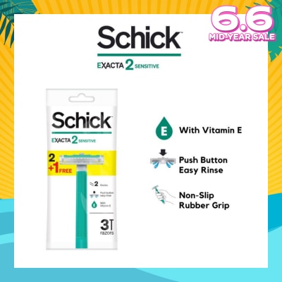 SCHICK Exacta 2 Sensitive Razor (Non-Slip Rubber Grip + with Push Button for Easy Rinse) 3s