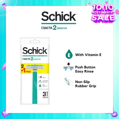 SCHICK Exacta 2 Sensitive Razor (Non-Slip Rubber Grip + with Push Button for Easy Rinse) 3s
