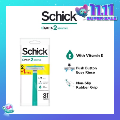 SCHICK Exacta 2 Sensitive Razor (Non-Slip Rubber Grip + with Push Button for Easy Rinse) 3s