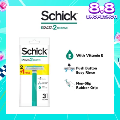 SCHICK Exacta 2 Sensitive Razor (Non-Slip Rubber Grip + with Push Button for Easy Rinse) 3s